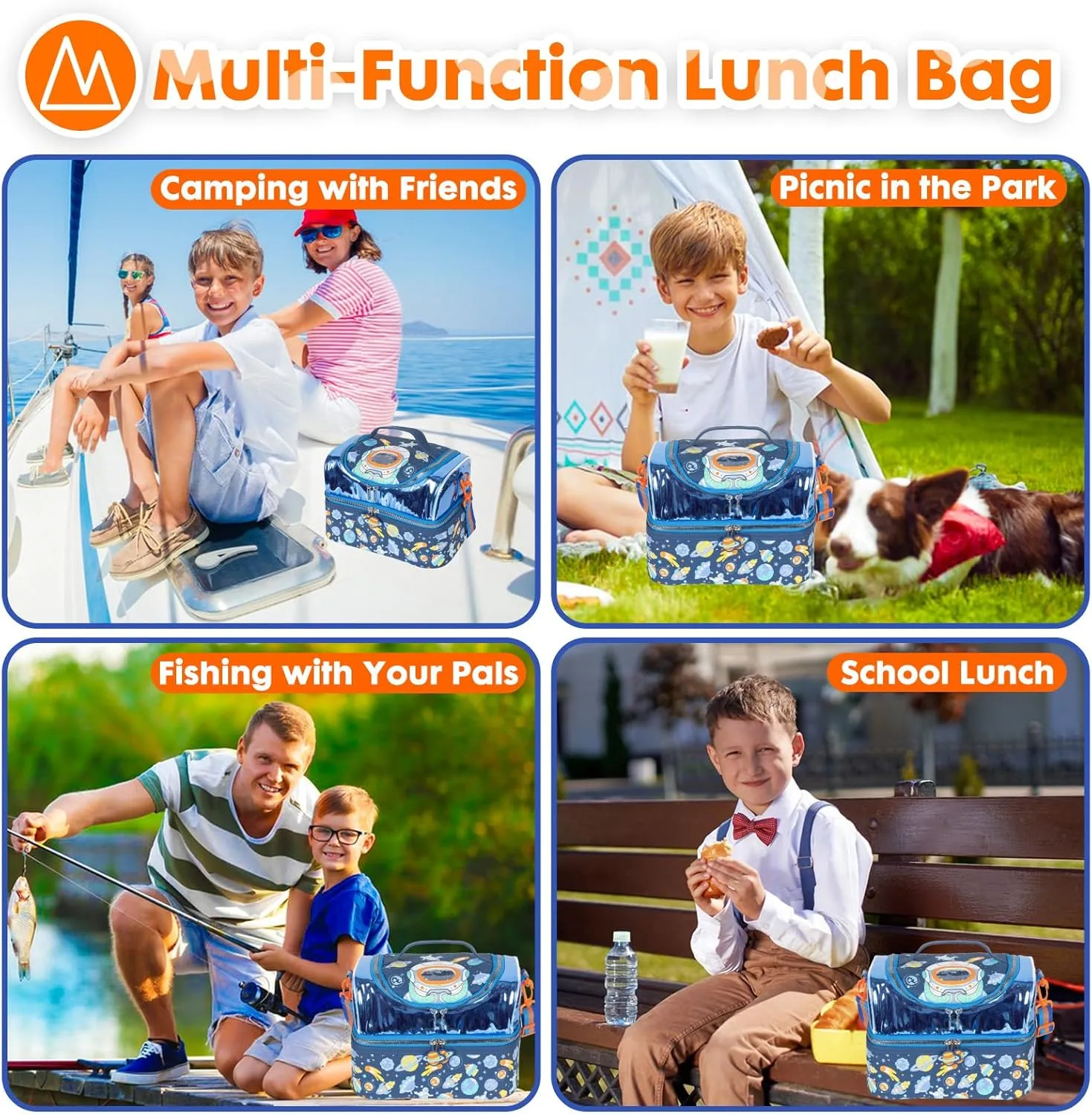 Kids Double Decker Cooler Insulated Lunch Bag, Back to School Large Meal Tote for Boys, Girls, Men, Women, with Adjustable Strap, Space
