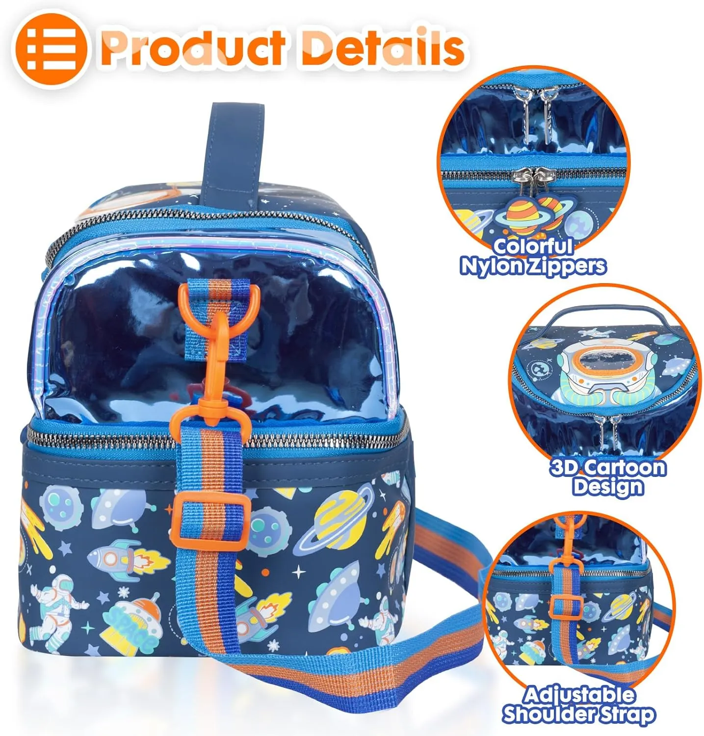 Kids Double Decker Cooler Insulated Lunch Bag, Back to School Large Meal Tote for Boys, Girls, Men, Women, with Adjustable Strap, Space