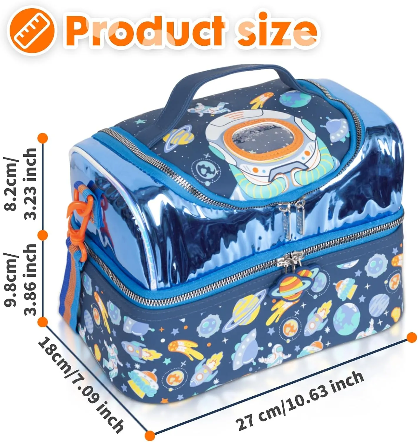 Kids Double Decker Cooler Insulated Lunch Bag, Back to School Large Meal Tote for Boys, Girls, Men, Women, with Adjustable Strap, Space