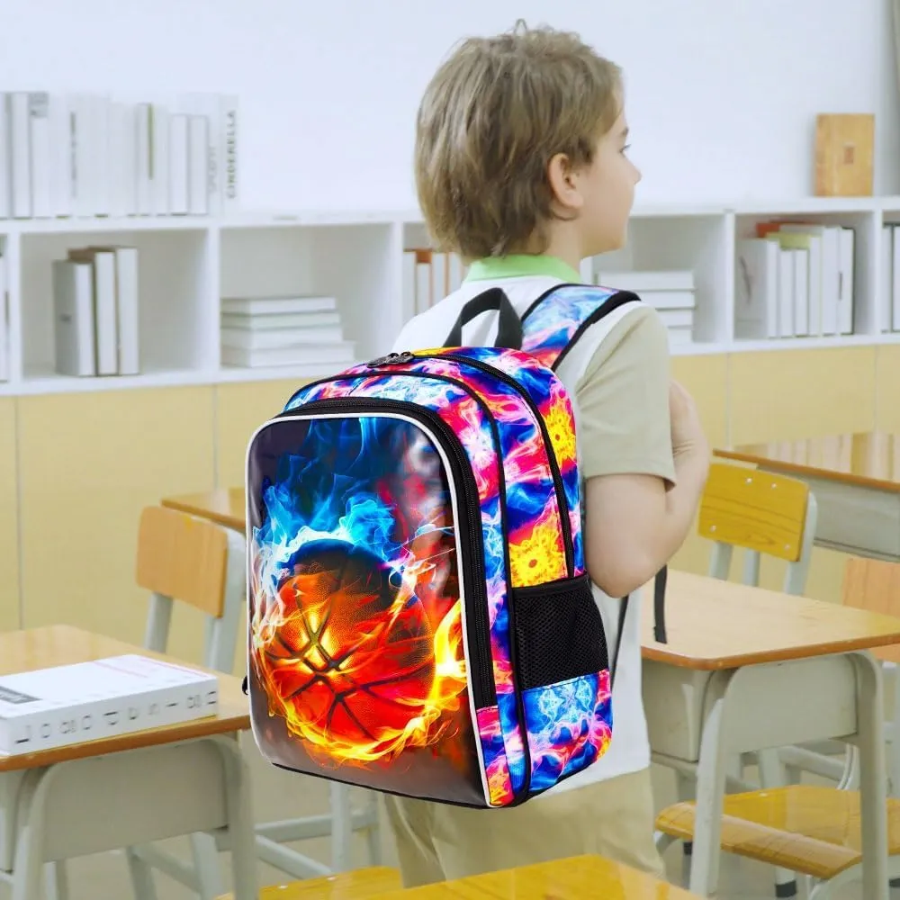KLFVB 3PCS Boys Backpack, 17" Kids Bookbag and Lunch Box, Water Resistant Teenagers School Backpacks for Middle Elementary - Flame Basketball
