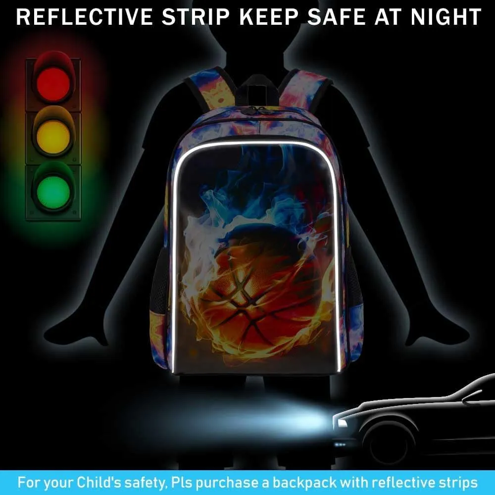 KLFVB 3PCS Boys Backpack, 17" Kids Bookbag and Lunch Box, Water Resistant Teenagers School Backpacks for Middle Elementary - Flame Basketball