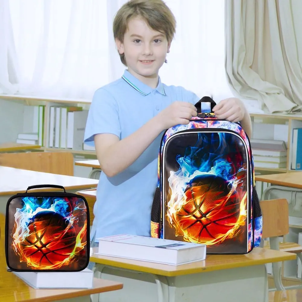KLFVB 3PCS Boys Backpack, 17" Kids Bookbag and Lunch Box, Water Resistant Teenagers School Backpacks for Middle Elementary - Flame Basketball