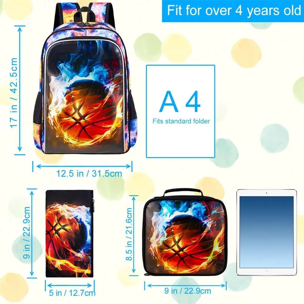KLFVB 3PCS Boys Backpack, 17" Kids Bookbag and Lunch Box, Water Resistant Teenagers School Backpacks for Middle Elementary - Flame Basketball