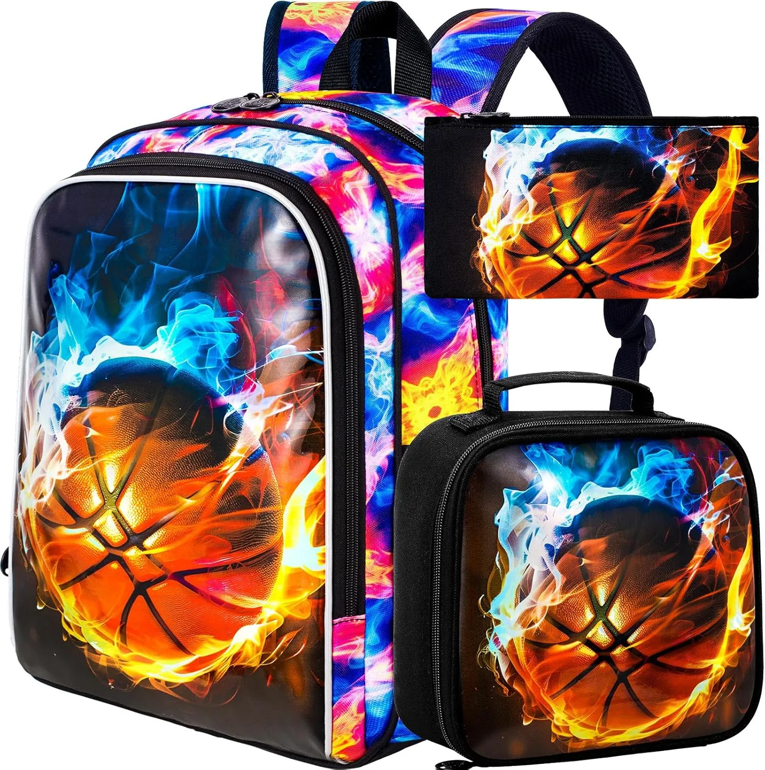 KLFVB 3PCS Boys Backpack, 17" Kids Bookbag and Lunch Box, Water Resistant Teenagers School Backpacks for Middle Elementary - Flame Basketball