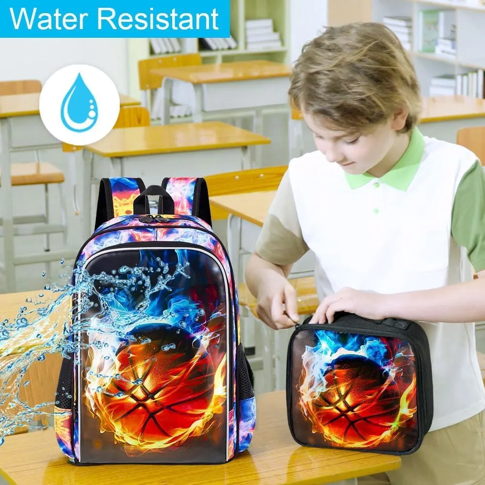 KLFVB 3PCS Boys Backpack, 17" Kids Bookbag and Lunch Box, Water Resistant Teenagers School Backpacks for Middle Elementary - Flame Basketball