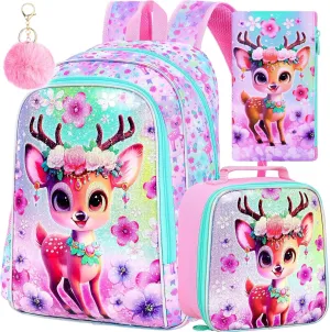 KLFVB 3PCS Deer Bookbag for Girls, Water Resistant Kids Backpack with Lunch Box, 16" Preschool Backpacks for Elementary - Deer Pink