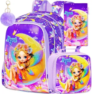 KLFVB 3PCS Girls Backpack, Water Resistant Kids Bookbag with Lunch Box, 16" Preschool Backpacks for Elementary - Fairy Purple