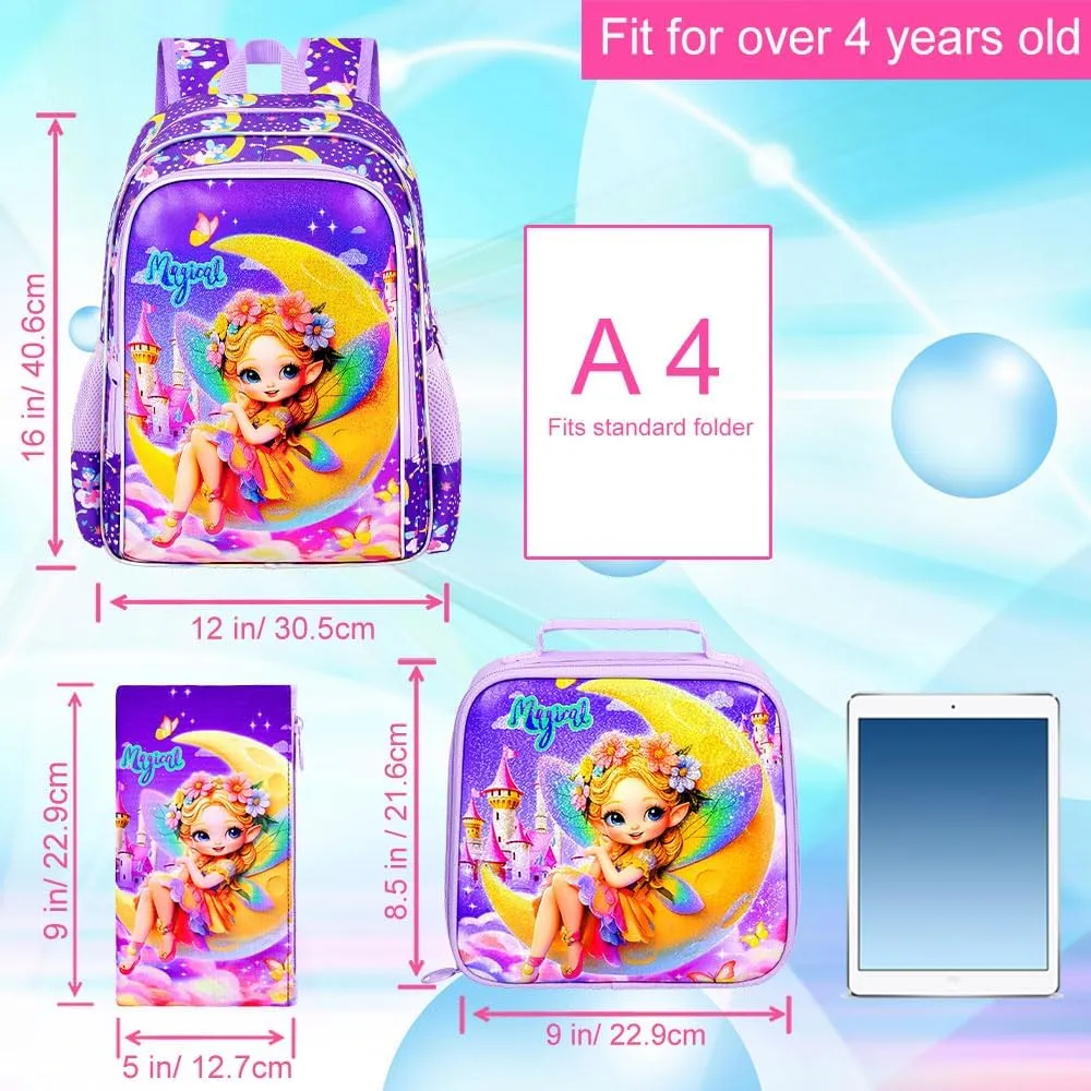 KLFVB 3PCS Girls Backpack, Water Resistant Kids Bookbag with Lunch Box, 16" Preschool Backpacks for Elementary - Fairy Purple