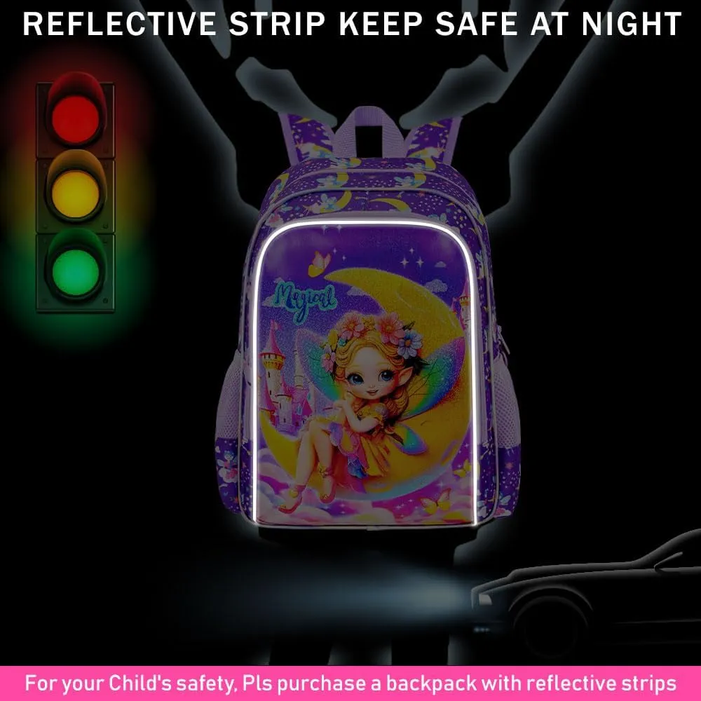 KLFVB 3PCS Girls Backpack, Water Resistant Kids Bookbag with Lunch Box, 16" Preschool Backpacks for Elementary - Fairy Purple