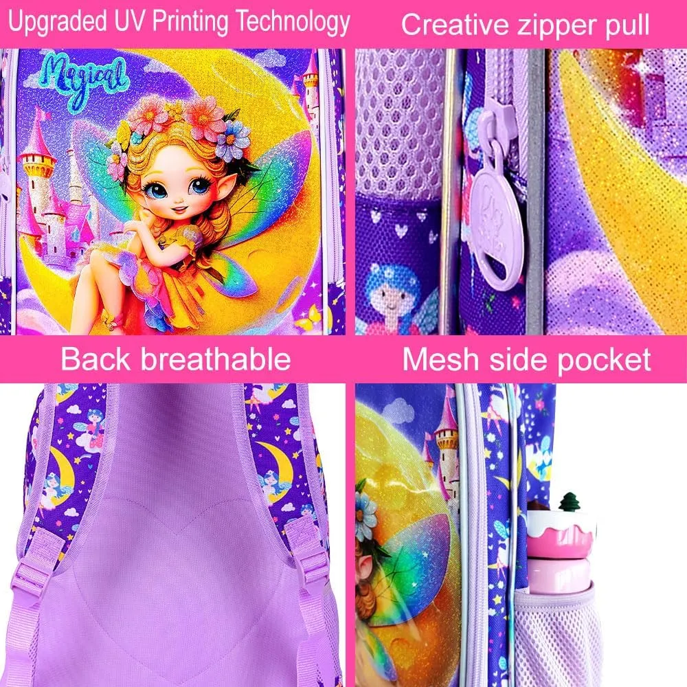 KLFVB 3PCS Girls Backpack, Water Resistant Kids Bookbag with Lunch Box, 16" Preschool Backpacks for Elementary - Fairy Purple