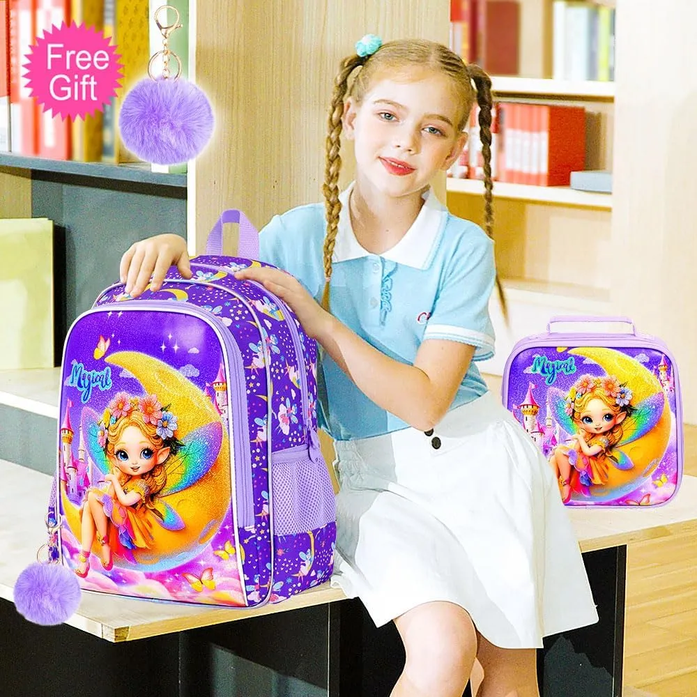 KLFVB 3PCS Girls Backpack, Water Resistant Kids Bookbag with Lunch Box, 16" Preschool Backpacks for Elementary - Fairy Purple