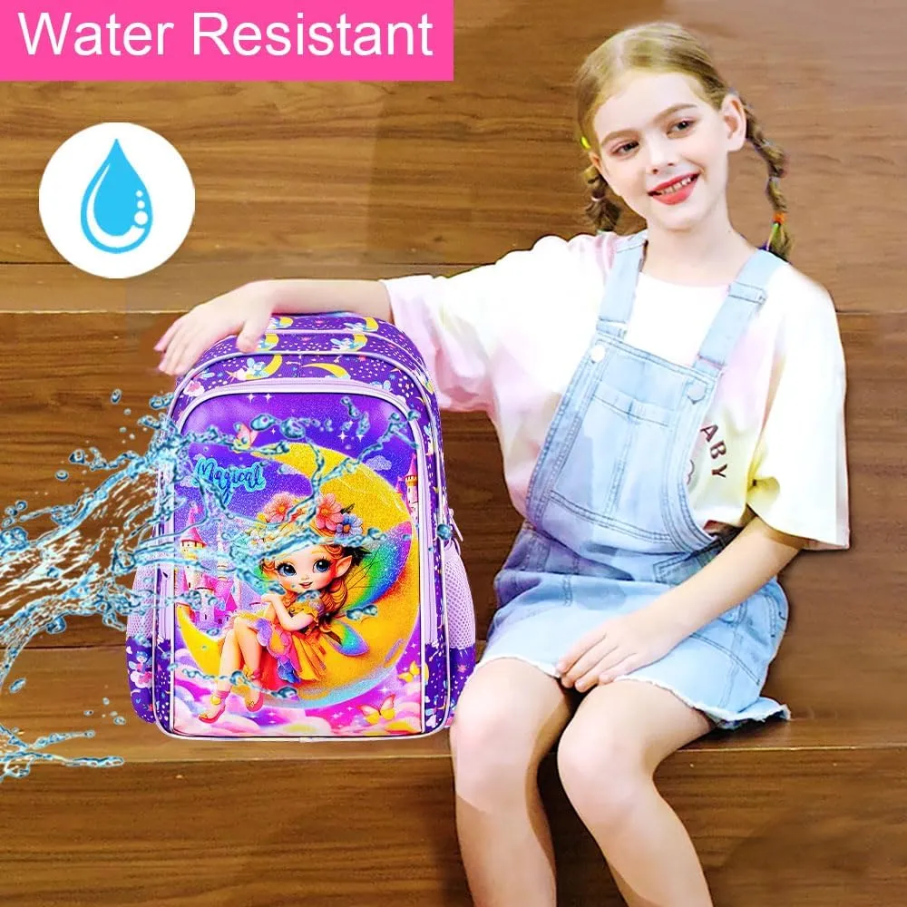 KLFVB 3PCS Girls Backpack, Water Resistant Kids Bookbag with Lunch Box, 16" Preschool Backpacks for Elementary - Fairy Purple