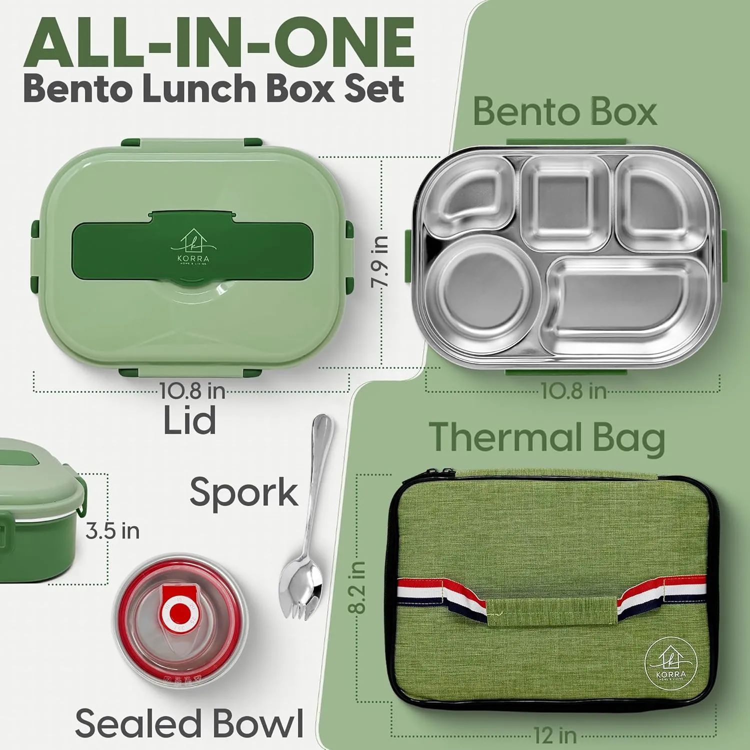 Korra Home & Living Stainless Steel Lunch Bento Box for Adults and All ages - 5 Compartments, Insulated Bag, Soup Bowl, Spork, and Leak Resistant Durable for Work, College, Travel