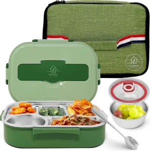 Korra Home & Living Stainless Steel Lunch Bento Box for Adults and All ages - 5 Compartments, Insulated Bag, Soup Bowl, Spork, and Leak Resistant Durable for Work, College, Travel