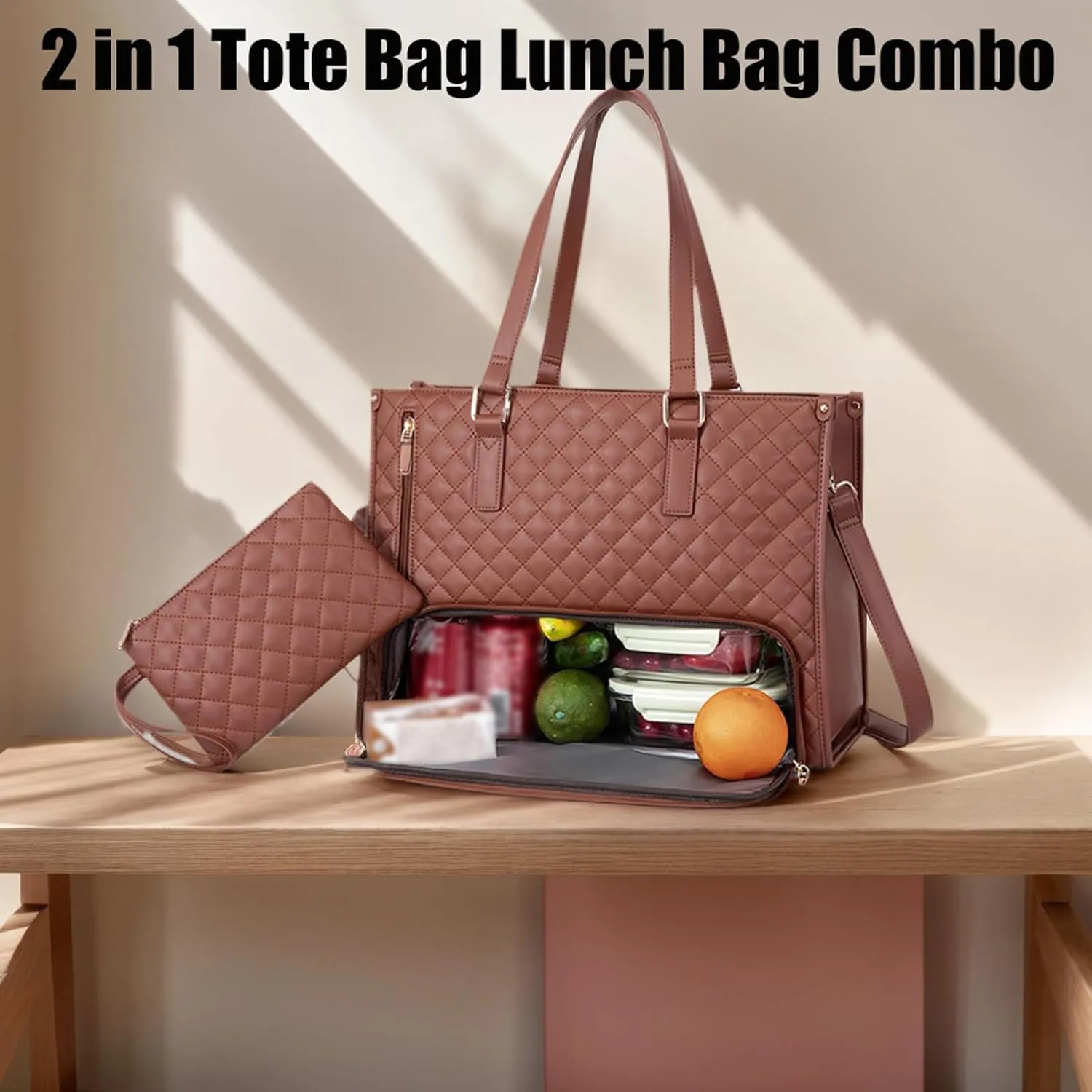 Kristie Leblanc Tote Bag, 2 in 1 Tote Lunch Bag Combo, 15.6 Inch Large Pu Laptop Bags with Insulated Lunch Compartment (Green,One Size)
