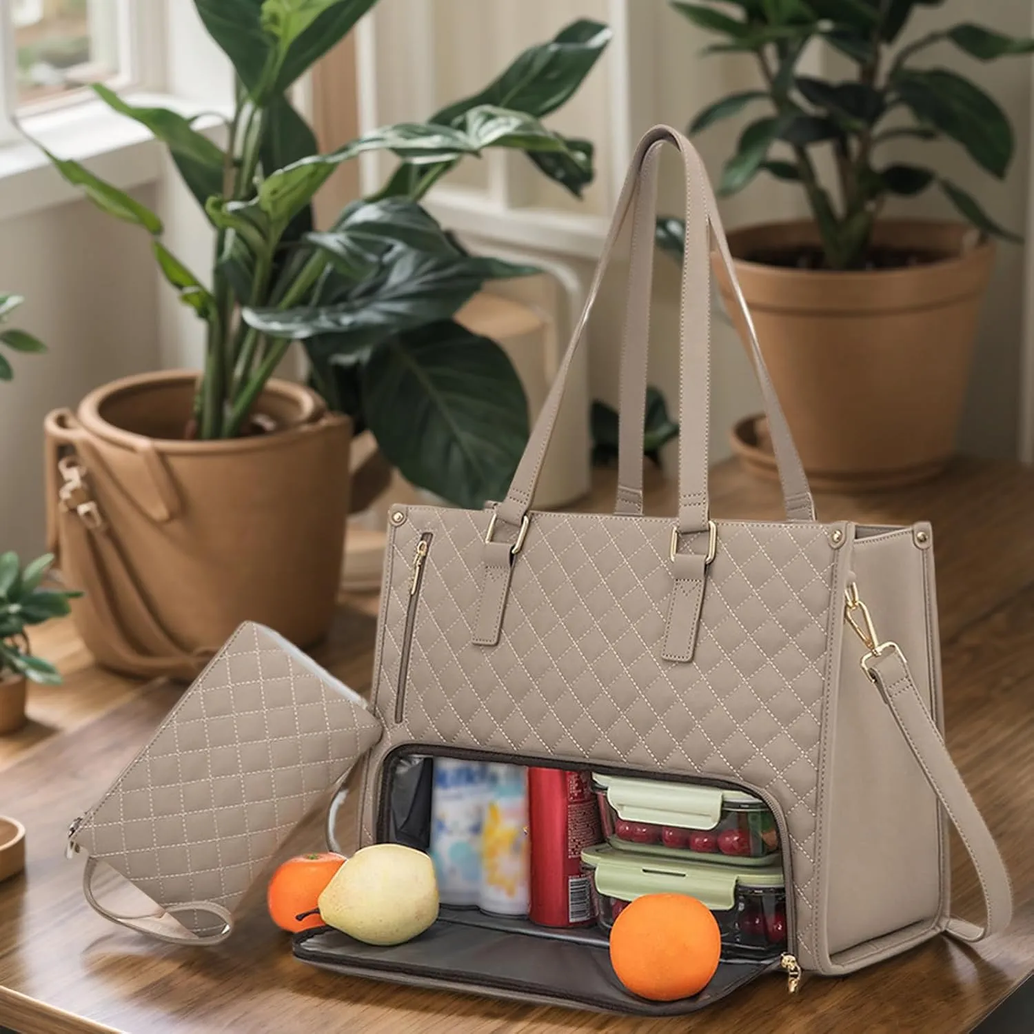 Kristie Leblanc Tote Bag, 2 in 1 Tote Lunch Bag Combo, 15.6 Inch Large Pu Laptop Bags with Insulated Lunch Compartment (Green,One Size)