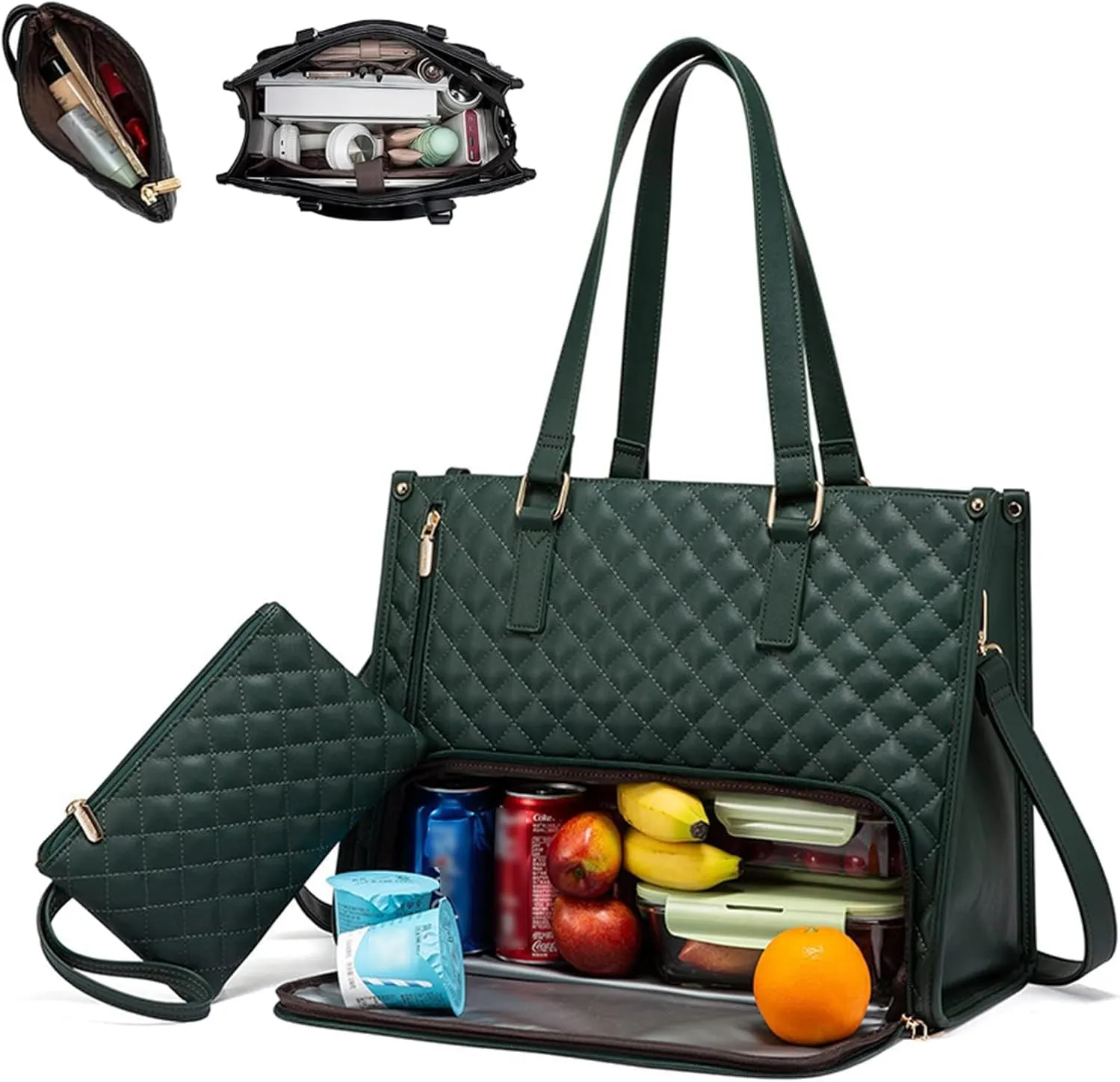 Kristie Leblanc Tote Bag, 2 in 1 Tote Lunch Bag Combo, 15.6 Inch Large Pu Laptop Bags with Insulated Lunch Compartment (Green,One Size)