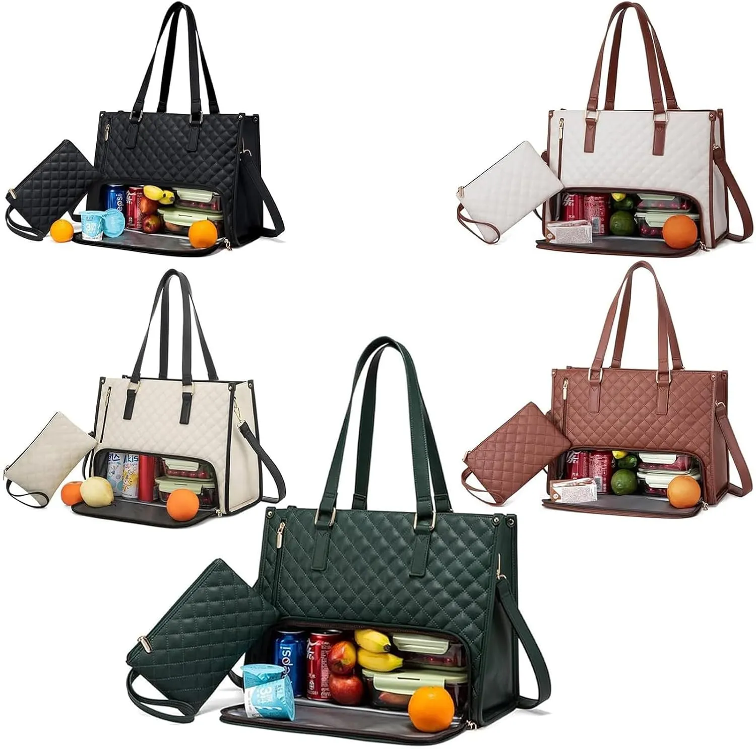 Kristie Leblanc Tote Bag, 2 in 1 Tote Lunch Bag Combo, 15.6 Inch Large Pu Laptop Bags with Insulated Lunch Compartment (Green,One Size)