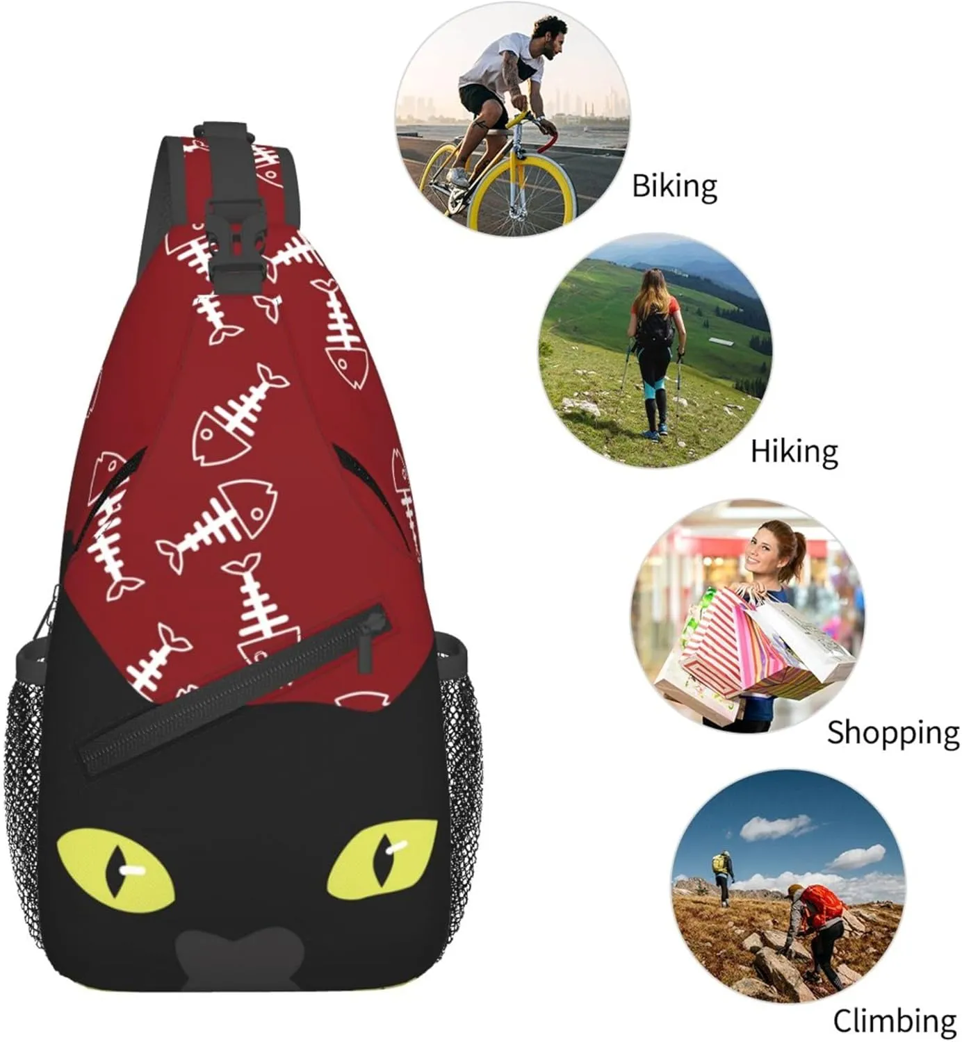 Kucing Black Cat Sling Backpack Crossbody Bag, Chest Bag Daypack for Outdoors Hiking Traveling
