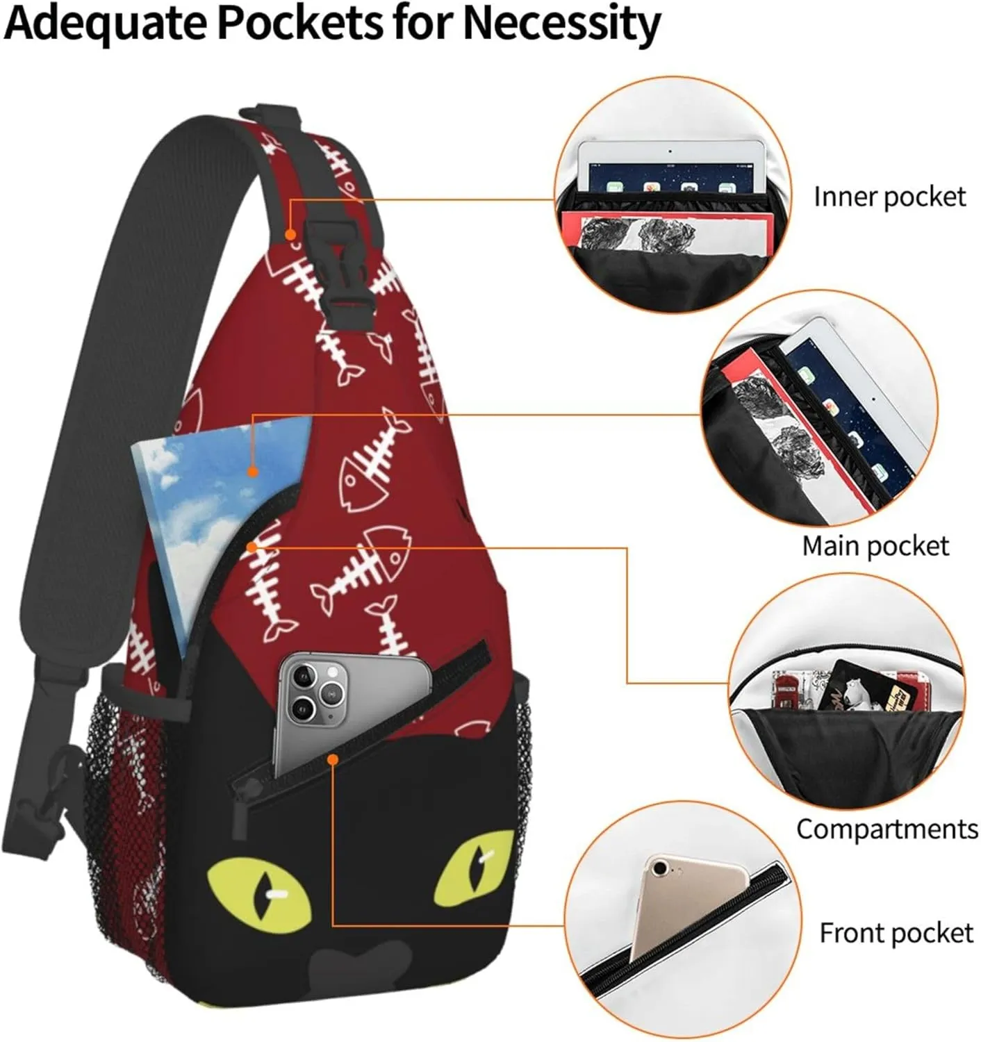 Kucing Black Cat Sling Backpack Crossbody Bag, Chest Bag Daypack for Outdoors Hiking Traveling