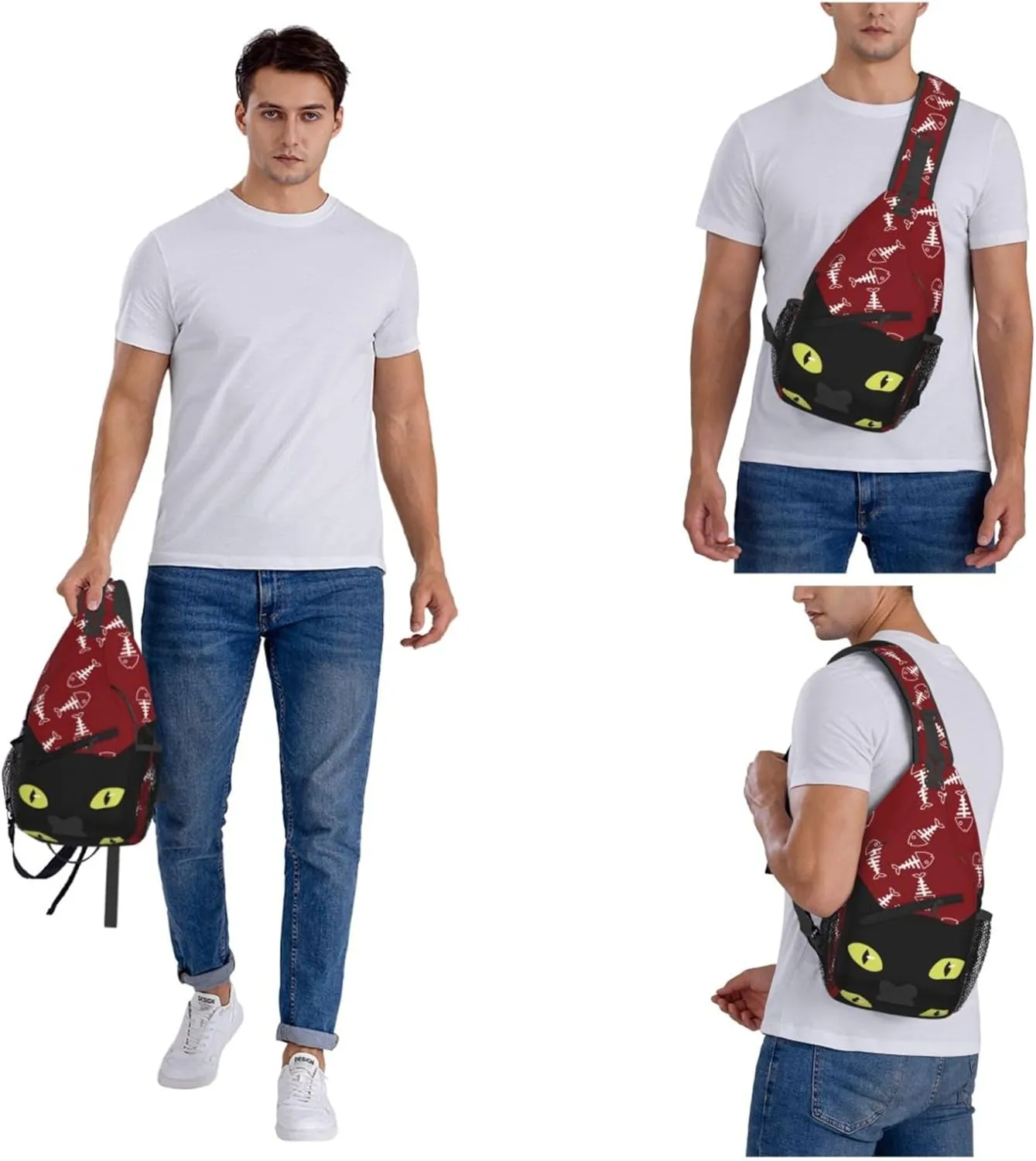 Kucing Black Cat Sling Backpack Crossbody Bag, Chest Bag Daypack for Outdoors Hiking Traveling