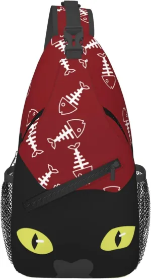 Kucing Black Cat Sling Backpack Crossbody Bag, Chest Bag Daypack for Outdoors Hiking Traveling