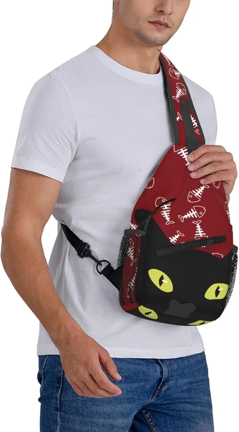 Kucing Black Cat Sling Backpack Crossbody Bag, Chest Bag Daypack for Outdoors Hiking Traveling