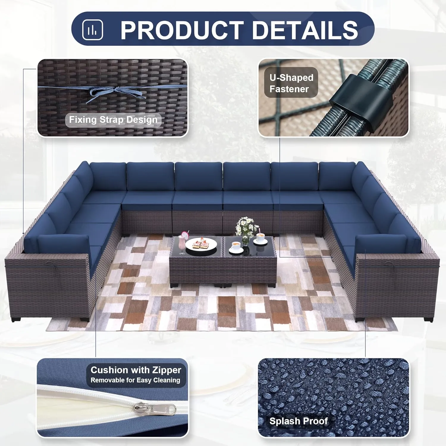 Kurapika 14 Pieces Patio Furniture Set, Rattan Wicker Outdoor Conversation Sets w/4 Inch Cushion and Glass Coffee Table(Navy Blue)