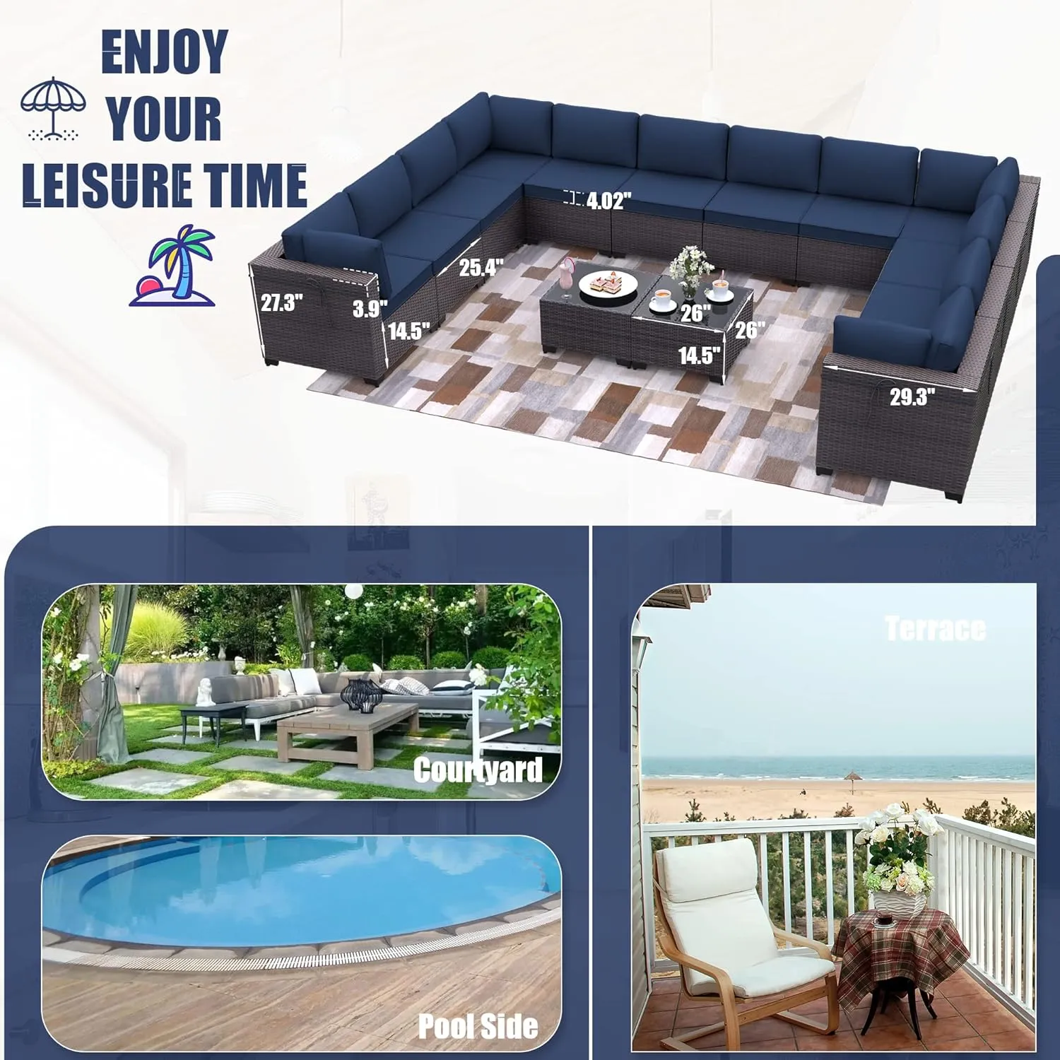 Kurapika 14 Pieces Patio Furniture Set, Rattan Wicker Outdoor Conversation Sets w/4 Inch Cushion and Glass Coffee Table(Navy Blue)
