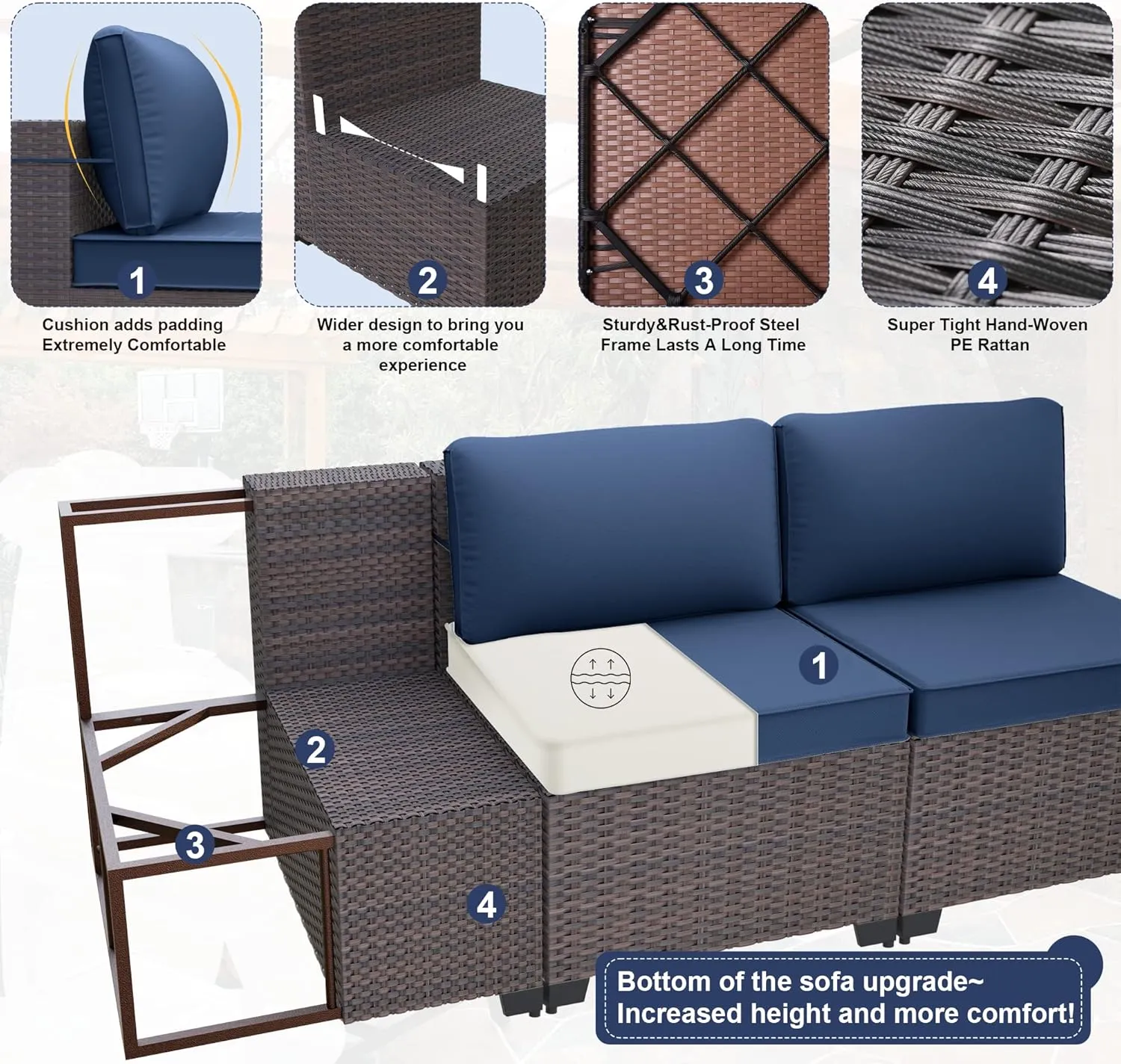 Kurapika 14 Pieces Patio Furniture Set, Rattan Wicker Outdoor Conversation Sets w/4 Inch Cushion and Glass Coffee Table(Navy Blue)