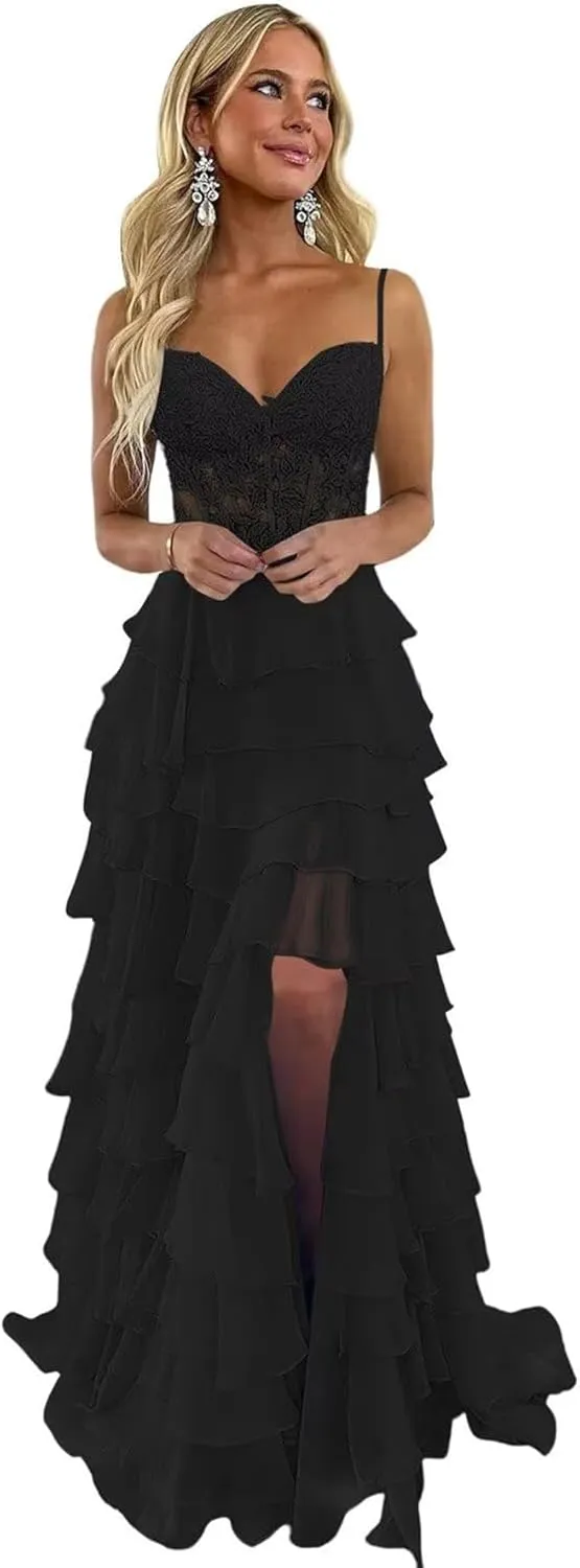 Lace Appliques Tiered Prom Dresses with Slit 2025 Spaghetti Strap Corset Ruffle Chiffon Formal Evening Gowns
