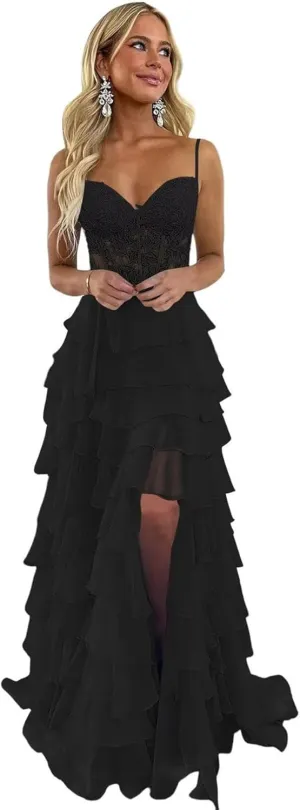 Lace Appliques Tiered Prom Dresses with Slit 2025 Spaghetti Strap Corset Ruffle Chiffon Formal Evening Gowns