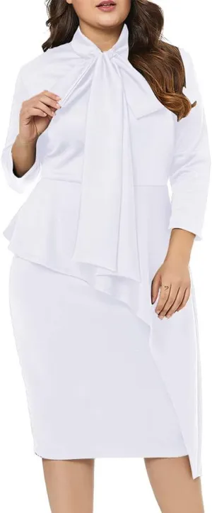 LALAGEN Women's Plus Size Long Sleeve Peplum Tie Neck Bodycon Pencil Midi Dress