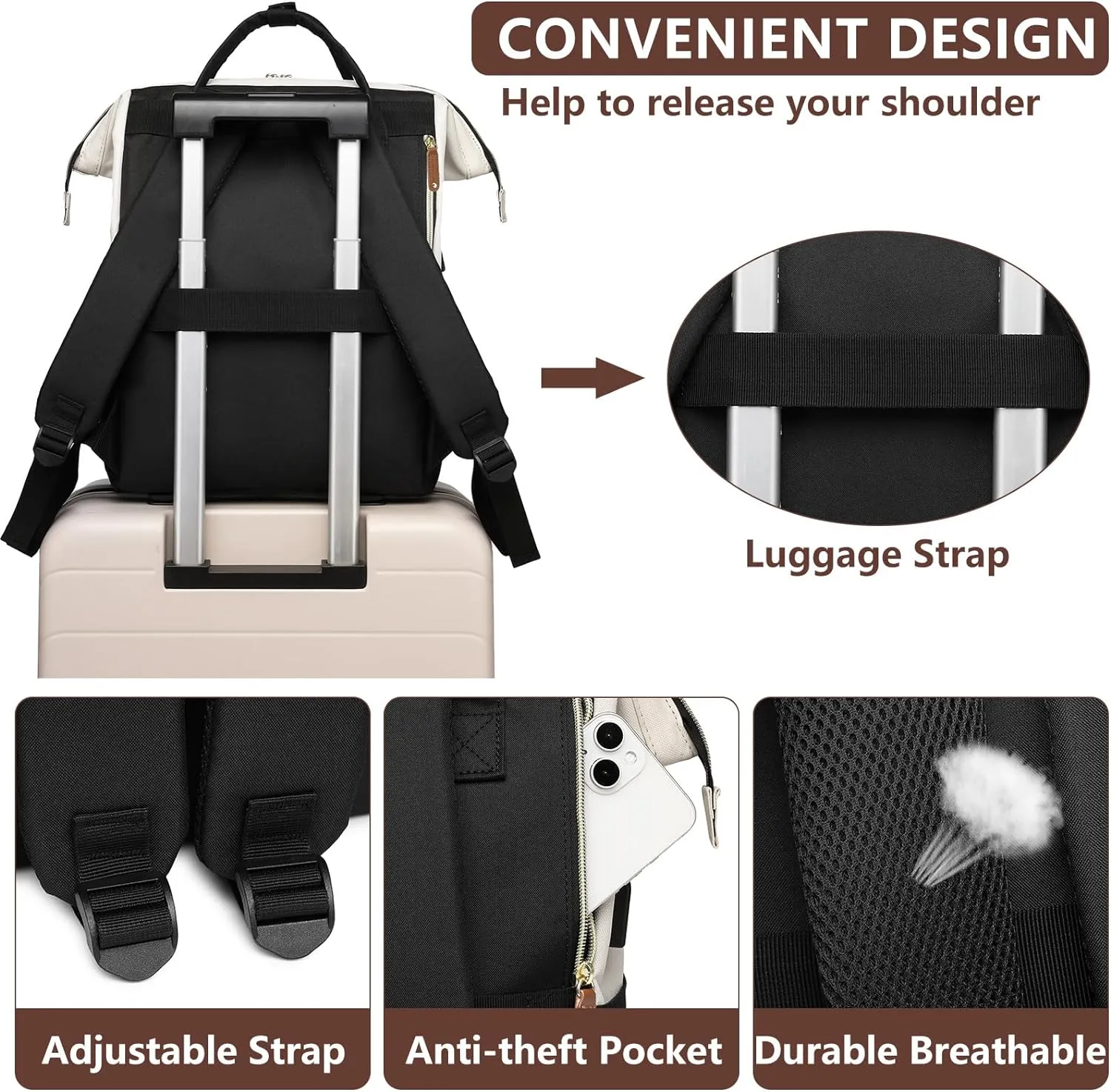 Laptop Backpack for Women, 17 Inch Work Business Backpacks Purse with USB Port, Large Capacity Doctor Nurse Bag Backbag, Waterproof Casual Daypack for Travel,Black-White-Brown