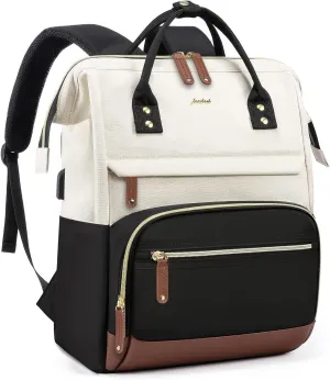Laptop Backpack for Women, 17 Inch Work Business Backpacks Purse with USB Port, Large Capacity Doctor Nurse Bag Backbag, Waterproof Casual Daypack for Travel,Black-White-Brown