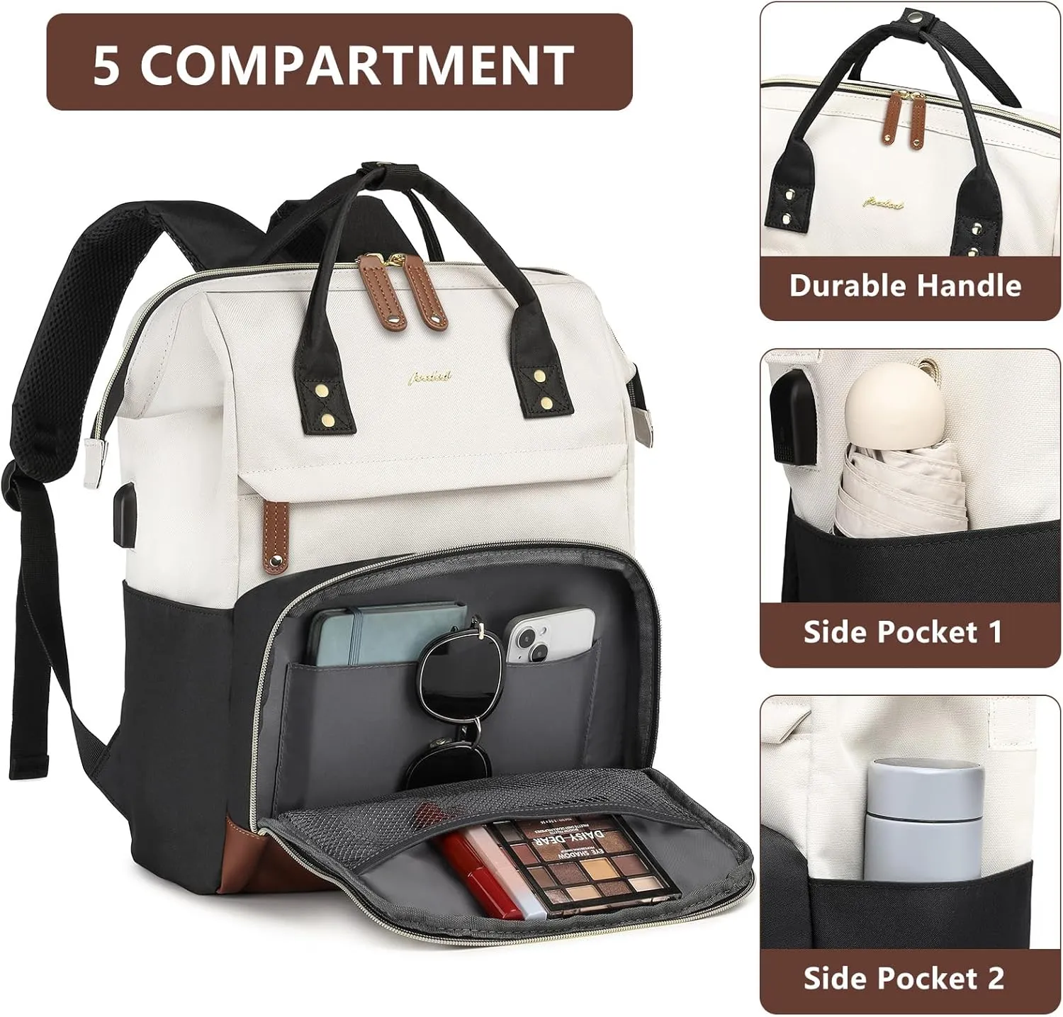 Laptop Backpack for Women, 17 Inch Work Business Backpacks Purse with USB Port, Large Capacity Doctor Nurse Bag Backbag, Waterproof Casual Daypack for Travel,Black-White-Brown