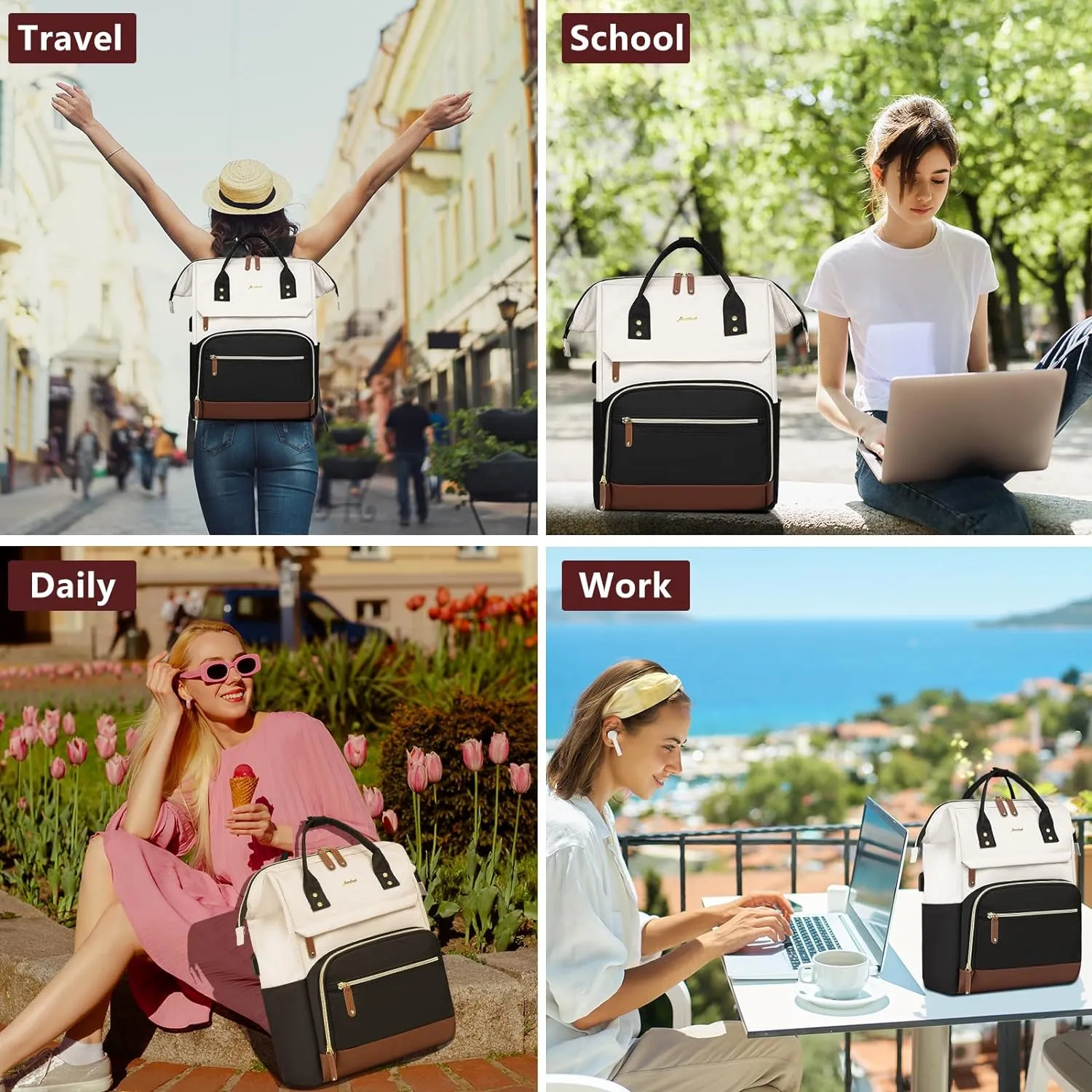 Laptop Backpack for Women, 17 Inch Work Business Backpacks Purse with USB Port, Large Capacity Doctor Nurse Bag Backbag, Waterproof Casual Daypack for Travel,Black-White-Brown