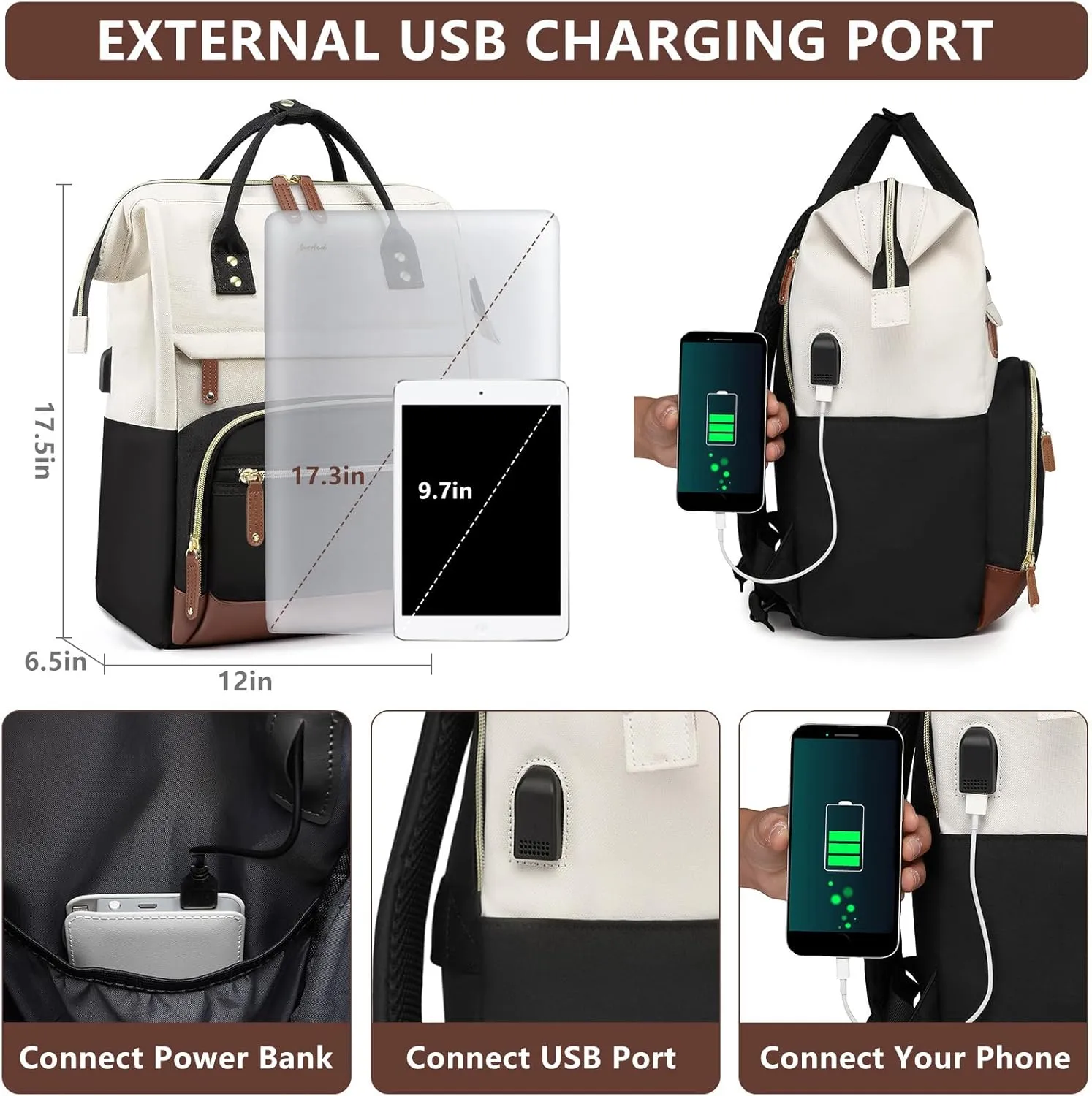 Laptop Backpack for Women, 17 Inch Work Business Backpacks Purse with USB Port, Large Capacity Doctor Nurse Bag Backbag, Waterproof Casual Daypack for Travel,Black-White-Brown