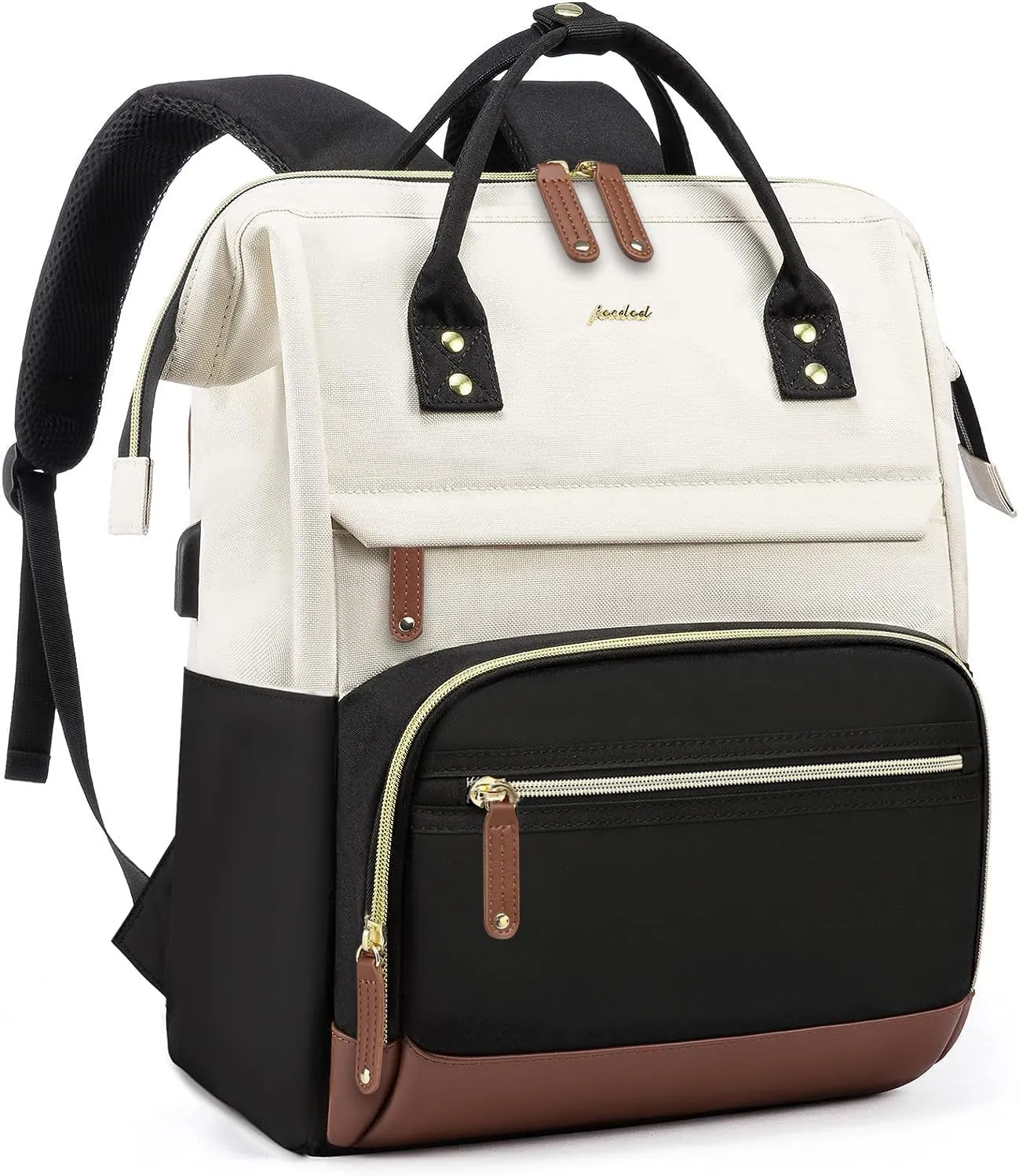 Laptop Backpack for Women, 17 Inch Work Business Backpacks Purse with USB Port, Large Capacity Doctor Nurse Bag Backbag, Waterproof Casual Daypack for Travel,Black-White-Brown