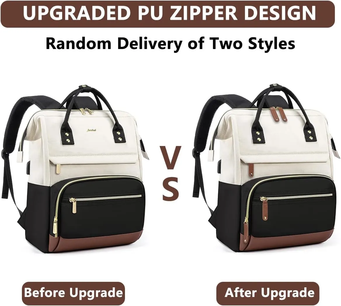 Laptop Backpack for Women, 17 Inch Work Business Backpacks Purse with USB Port, Large Capacity Doctor Nurse Bag Backbag, Waterproof Casual Daypack for Travel,Black-White-Brown