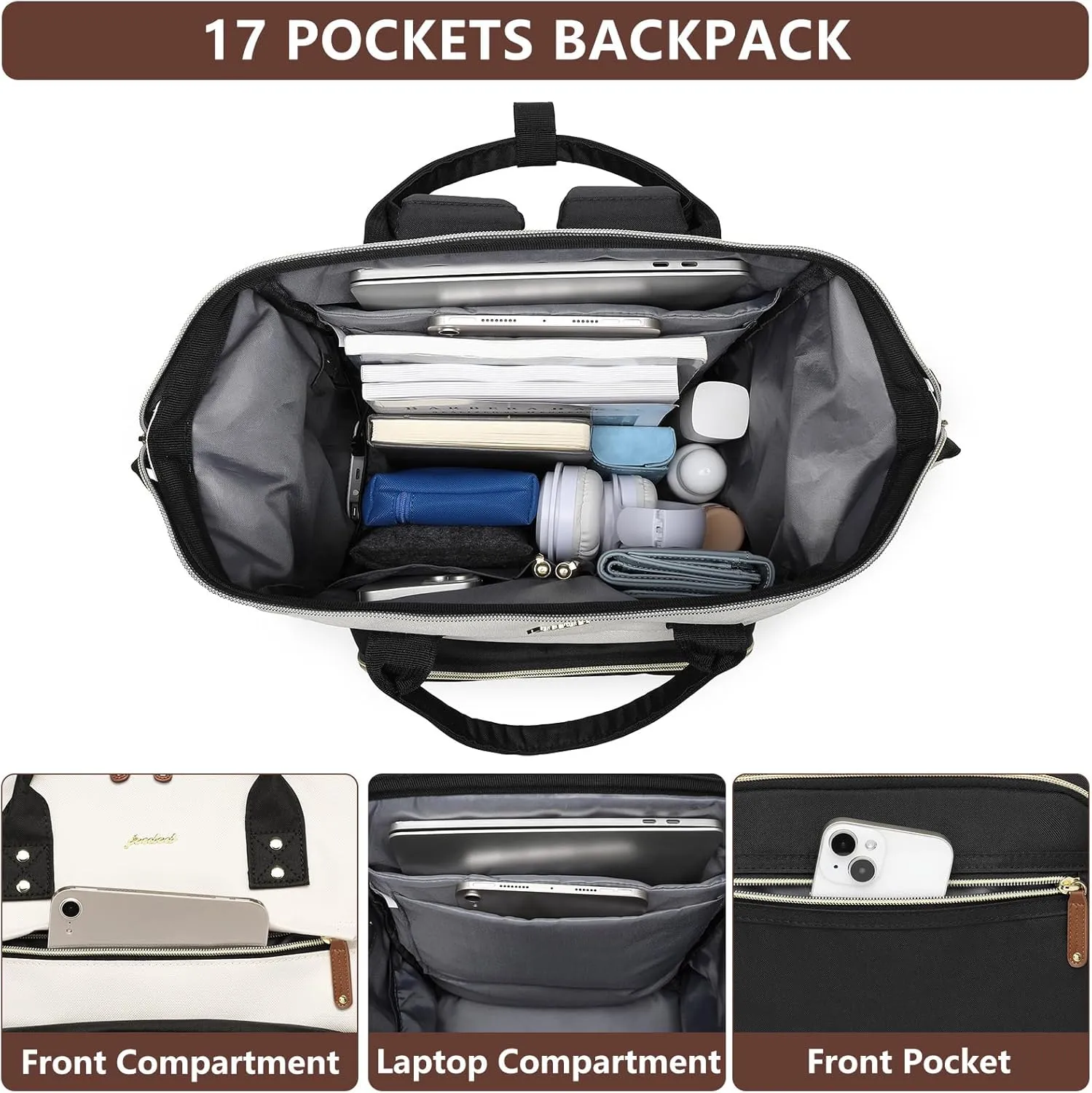 Laptop Backpack for Women, 17 Inch Work Business Backpacks Purse with USB Port, Large Capacity Doctor Nurse Bag Backbag, Waterproof Casual Daypack for Travel,Black-White-Brown