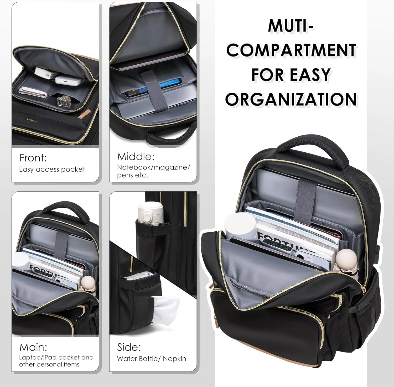 Laptop Backpack for Women,Travel Backpack with Laptop Compartment,Casual Daypack College Bookbag Computer Backpack for Work with Small Organizer Bag,Black
