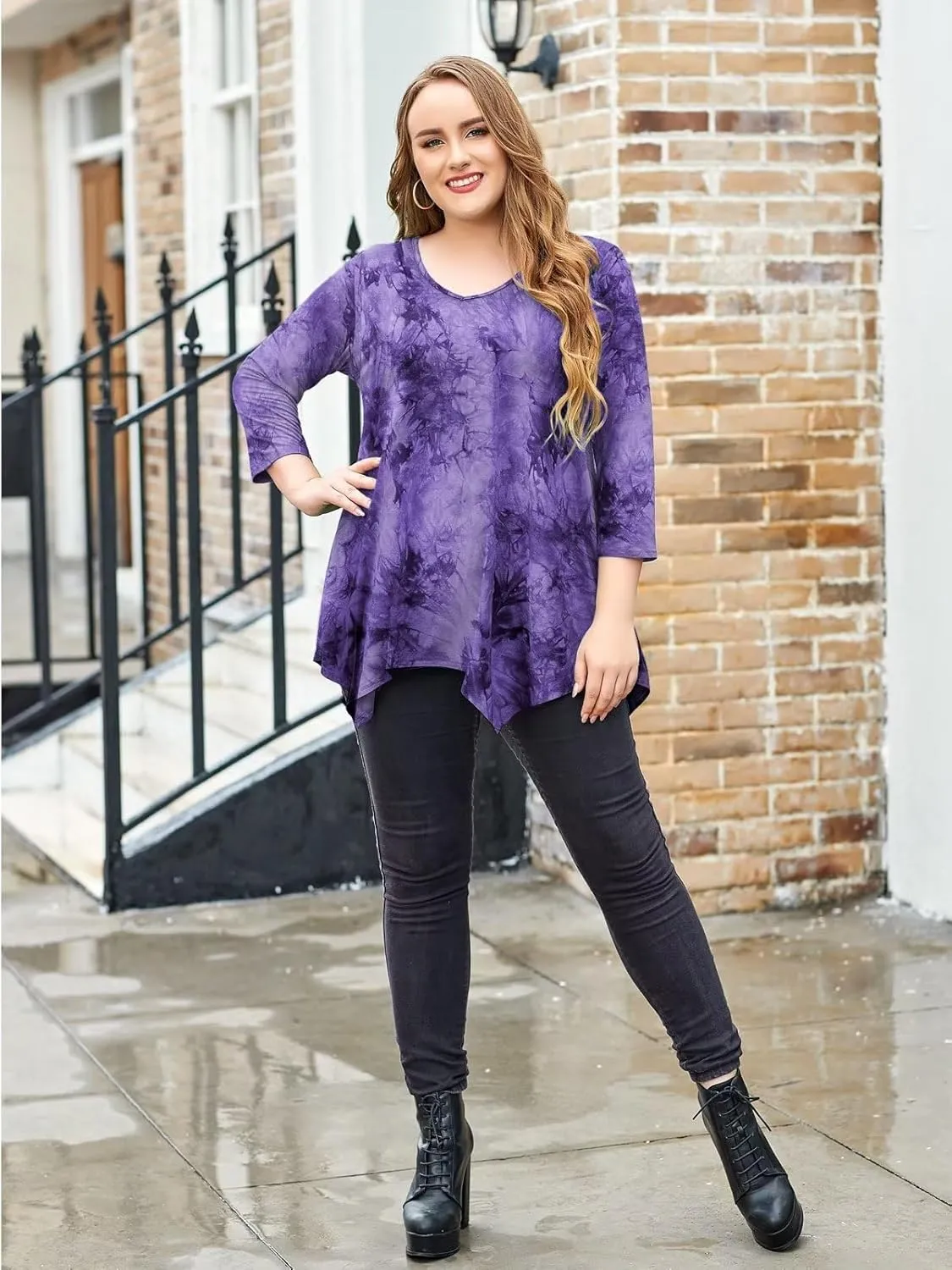 LARACE Plus Size Tops for Women Tunic Asymmetrical Dress Shirts 3/4 Sleeve V Neck Flowy Ladies Clothes for Leggings