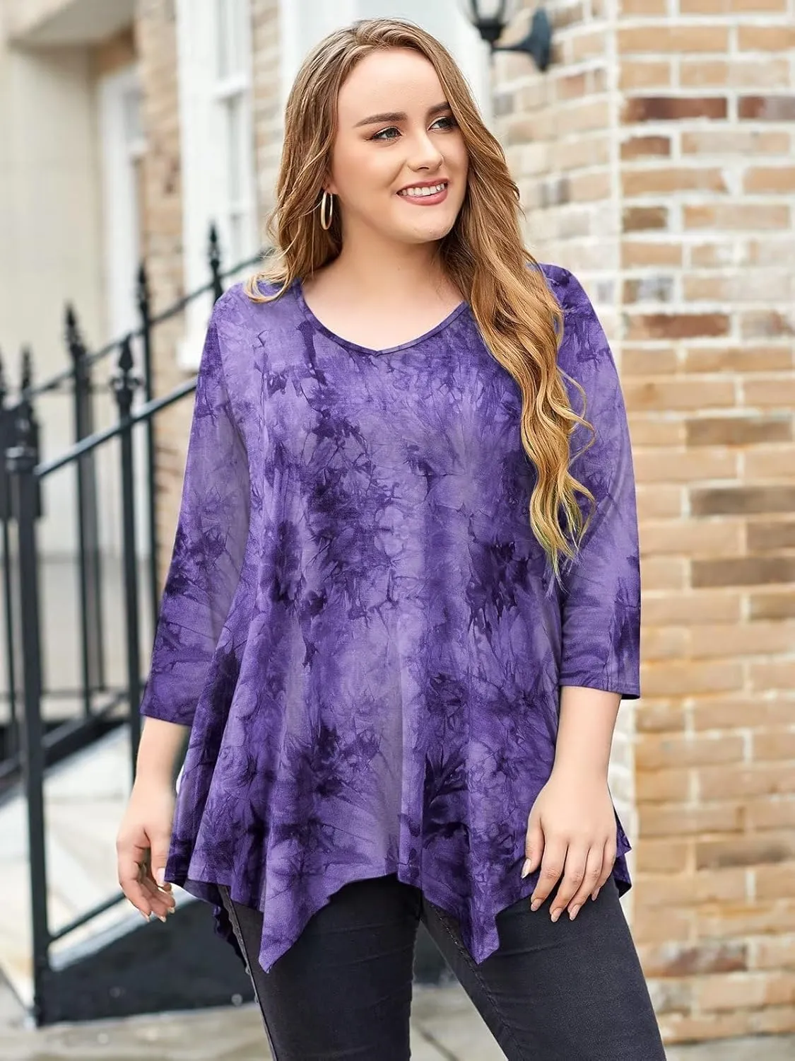 LARACE Plus Size Tops for Women Tunic Asymmetrical Dress Shirts 3/4 Sleeve V Neck Flowy Ladies Clothes for Leggings