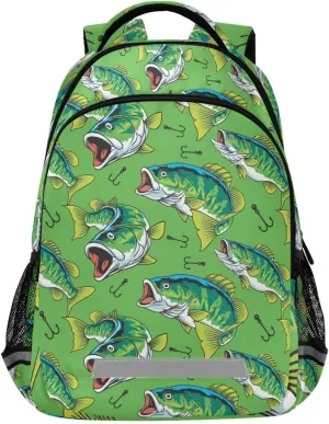 Large Mouth Green Bass Tuna Fish Backpacks with Chest Strap,Lightweight Bookbags 17 Inch, Cartoon Bait Casual Daypack Bags