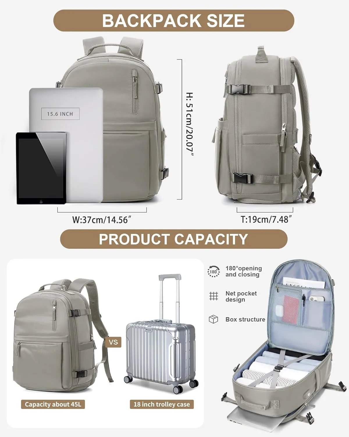 Large Travel Backpack for Women Men Waterproof Luggage Backpack Utility Backpack with USB Charging Port & Shoe Pouch Airline Approved Personal Item Travel Bag Mochila de Viaje(Gray Brown)
