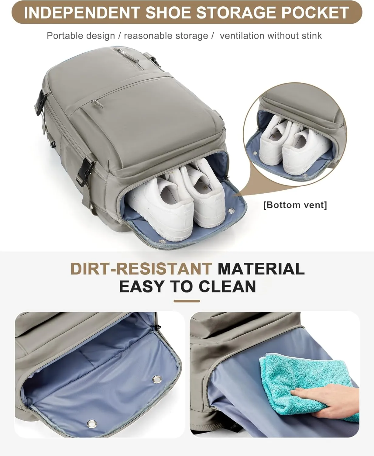 Large Travel Backpack for Women Men Waterproof Luggage Backpack Utility Backpack with USB Charging Port & Shoe Pouch Airline Approved Personal Item Travel Bag Mochila de Viaje(Gray Brown)