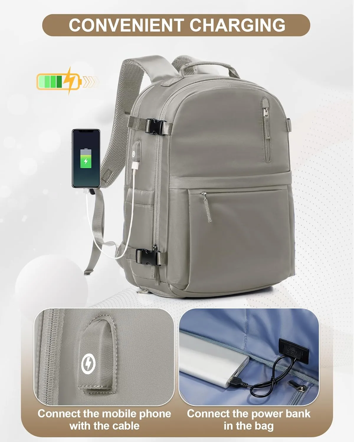 Large Travel Backpack for Women Men Waterproof Luggage Backpack Utility Backpack with USB Charging Port & Shoe Pouch Airline Approved Personal Item Travel Bag Mochila de Viaje(Gray Brown)