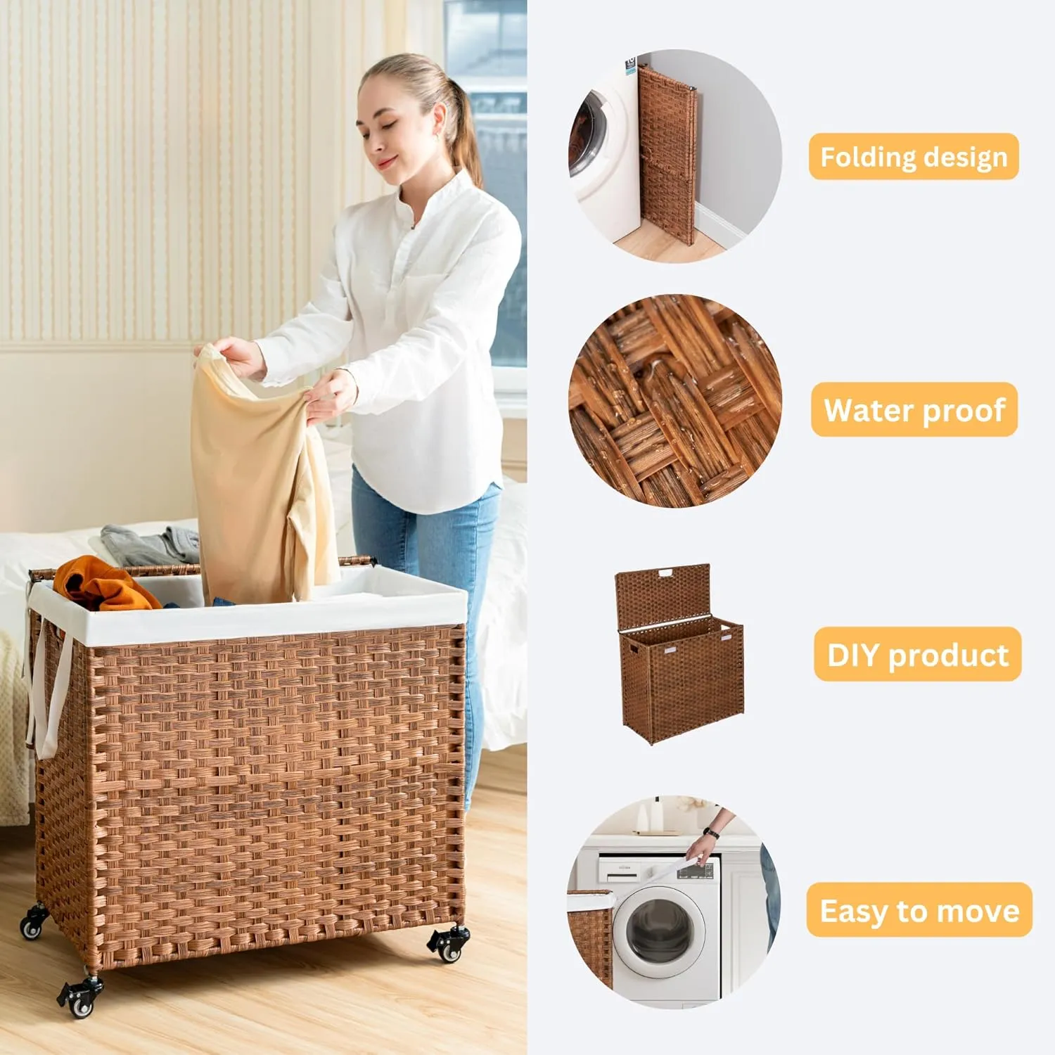 Laundry Hamper with Wheels, PE Wicker (42.3 Gallon) 160L Removable Liner Bag, Rolling Synthetic Rattan Clothes Laundry Basket with Lid for Storage, ISO 9001 Certified, Brown