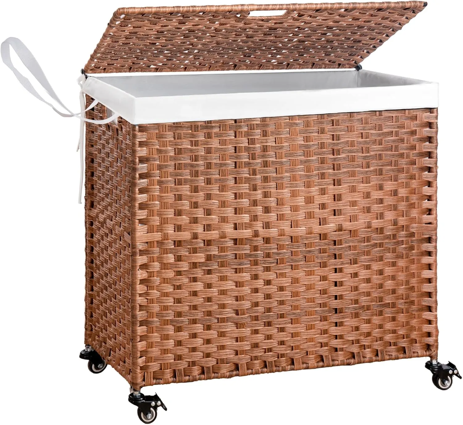 Laundry Hamper with Wheels, PE Wicker (42.3 Gallon) 160L Removable Liner Bag, Rolling Synthetic Rattan Clothes Laundry Basket with Lid for Storage, ISO 9001 Certified, Brown